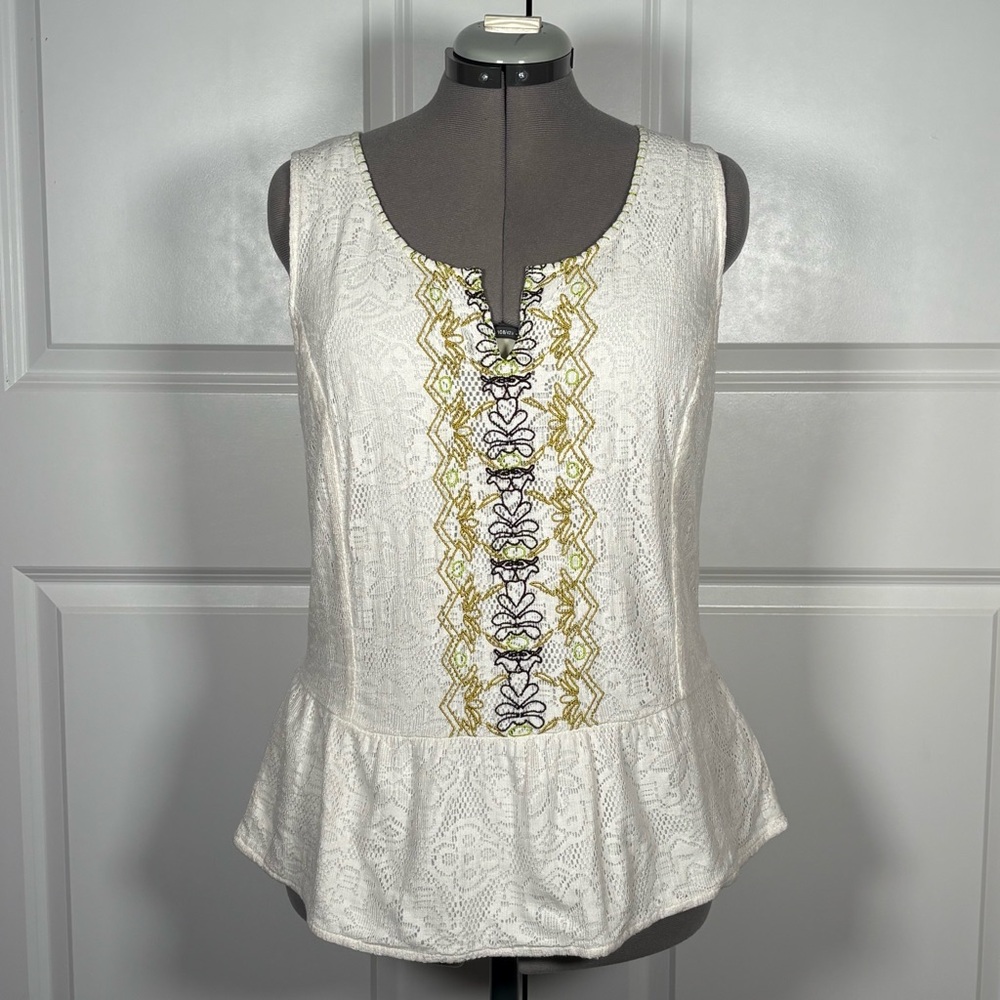 Prana White Sleeveless Embroidered Peplum Top